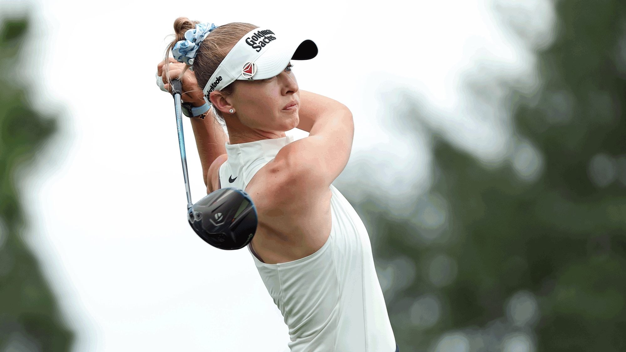 Nelly Korda of the United States plays her shot from the 14th tee during the first round of The Chevron Championship 2026 at Memorial Park Golf Course on April 23, 2026 in Houston, Texas. 