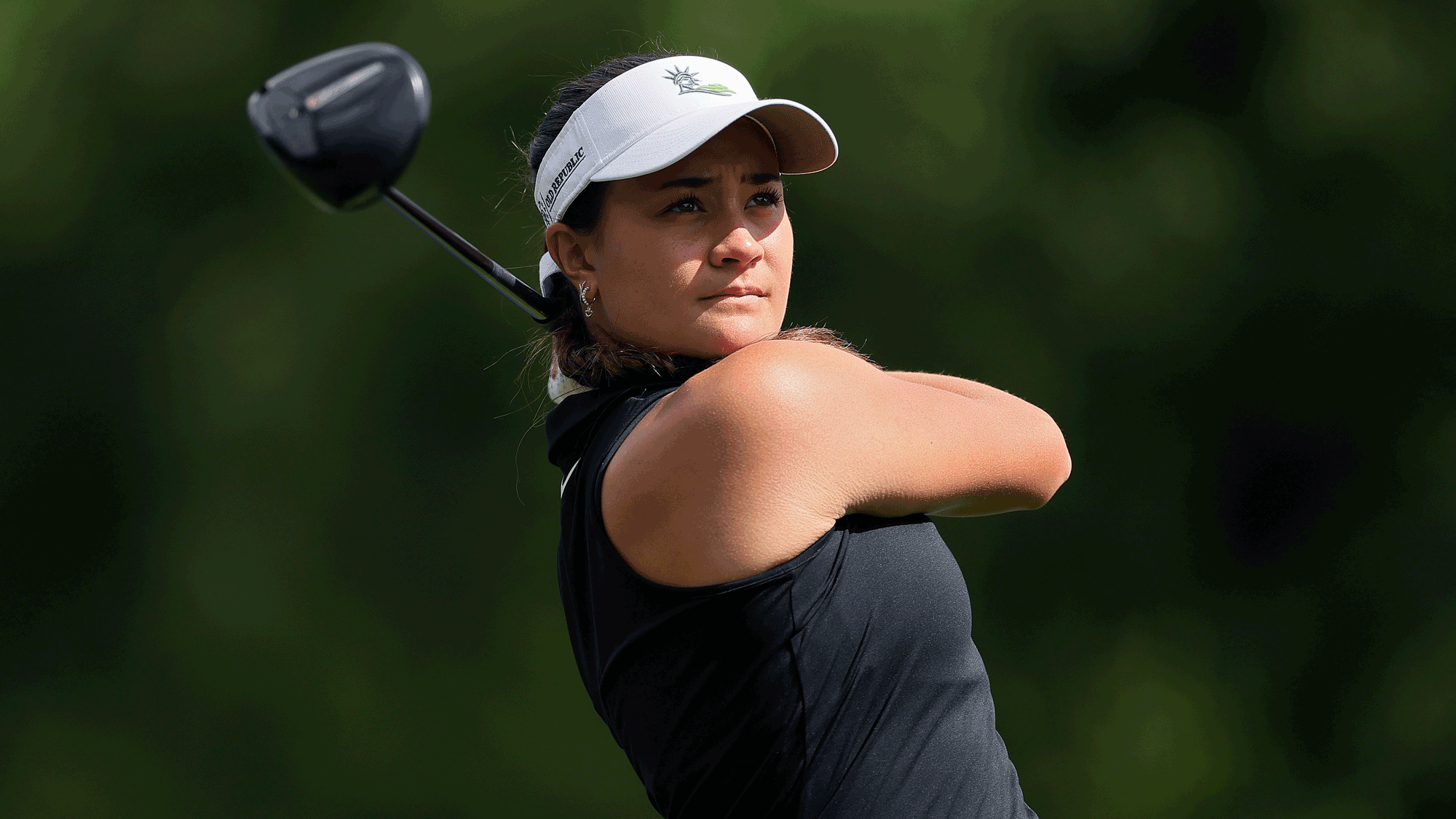 Kiara Romero of the United States plays her shot from the sixth tee during the first round of The Chevron Championship 2026 at Memorial Park Golf Course on April 23, 2026 in Houston, Texas.