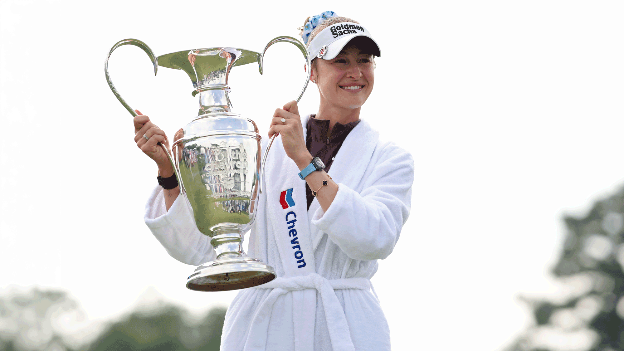 Nelly Korda of the United States poses with the Dinah Shore Trophy after winning The Chevron Championship 2026 at Memorial Park Golf Course on April 26, 2026 in Houston, Texas.